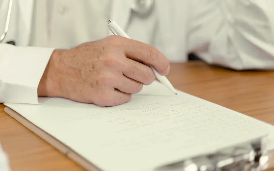 Médico escrevendo o laudo do exame